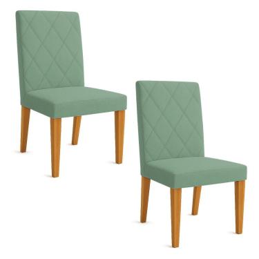 Imagem de Kit 02 Cadeiras de Jantar Estofada Siena Linho Verde Oliva Pés Trapézio Castanho - Pallazio