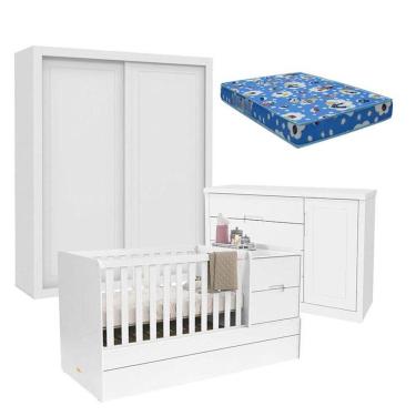 Imagem de Quarto De Bebê 2 Portas Tutto New Com Berço Multifuncional Formare Branco Acetinado E Colchão - Matic