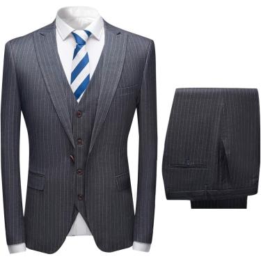 Imagem de Risca De Giz Masculina 3 Peças Terno Slim Fit único Breasted Negócios Festa De Casamento Jaqueta Colete Calças, Dark Grey, 40