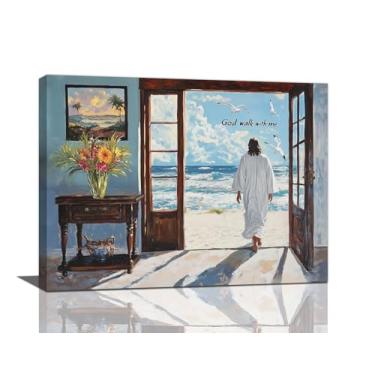 Imagem de God Walk with Me Arte de Parede Imagens de Praia Decoração de Parede Jesus Cristão Pintura em Tela Impressão Casa de Fazenda Arte Costeira Decorações de Casa Emoldurado para Banheiro Cozinha Quarto