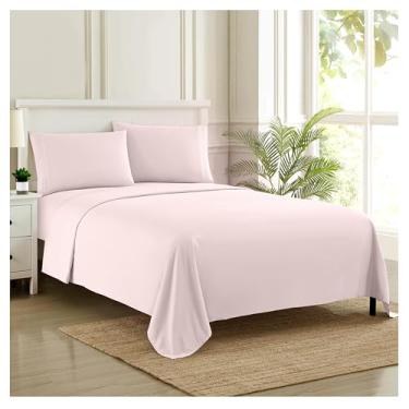 Imagem de Sweet Home Collection Jogo de cama de luxo de microfibra escovada macia de qualidade egípcia 1800 fios com lençol liso, com elástico, 2 fronhas, solteiro, rosa pálido