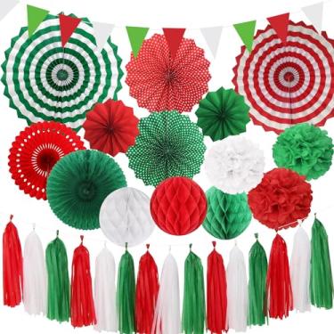 Imagem de APKPK decorações de festa vermelho-verde branco - 30 peças de tecido méxico itália pom poms bola de favo de mel, banner de guirlanda de borla, mexicano italiano natal aniversário casamento f