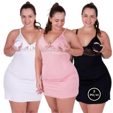 Imagem de Kit 3 Camisola Amamentação Maternidade Pós Parto Renda - c10 KIT3 AMAM