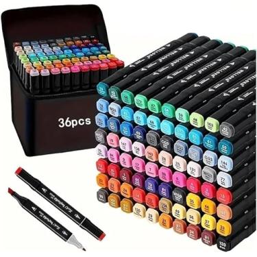 Imagem de Kit 36 Canetinhas Coloridas Marcador Permanente Ponta Dupla Para Colorir Bobby Goods Desenho Profissional e Escolar Lettering Com Estojo Organizador