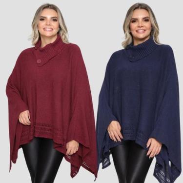 Imagem de Kit 2 Poncho Feminino Tricot Mousse Liso Gola Alta Casaco Lã - Rosilen