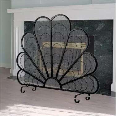 Imagem de Tela De Lareira à Prova De Crianças, Protetor De Fogo Plano De Painel Único Com Forma De Pena De Pavão Elegante, Lareira De Queimador De Lenha, Moderna, Black