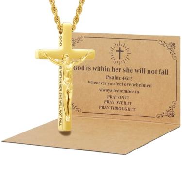Imagem de DS Colar de cruz cristã para homens e mulheres - colares de crucifixo de aço inoxidável ouro 18K com versículo bíblico inspirador presente religioso para oração fé Jesus/Deus cristão católico joia