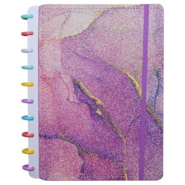 Imagem de Caderno Inteligente Disco Médio com Glitter Marmorizado – 87 Folhas Removíveis, Capa Dura, Elástico de Fechamento – Papelaria Criativa Refilável 20x26cm – Organização Premium (Lilás)