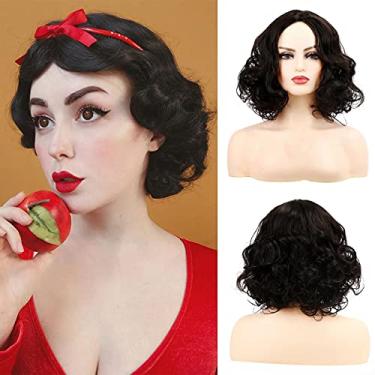Imagem de Sallcks Peruca curta preta encaracolada fofa de princesa cosplay fantasia de Halloween sintética com touca de peruca para mulheres e meninas