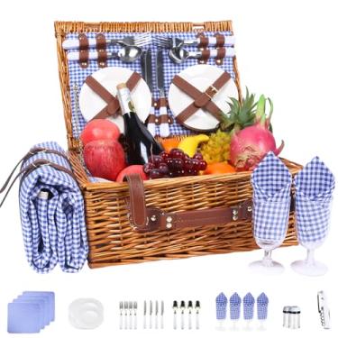 Imagem de Neti Neti Cesta de piquenique de vime para 4 pessoas com refrigerador isolado e cobertor impermeável – Grande cesto de piquenique de salgueiro para atividades ao ar livre, acampamento, praia