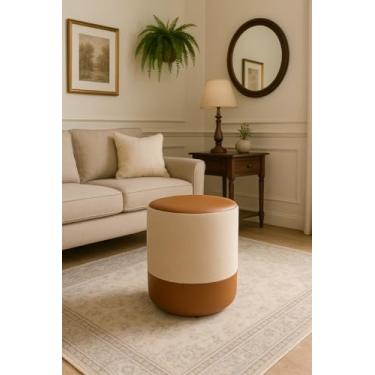 Imagem de Puff Plus Banquinho Redondo Decorativo em Linho Base e Tampo Courino Bege/Caramelo 48cm x 38cm