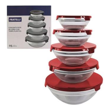 Imagem de Conjunto 5 Potes Redondo de Vidro Hermeticos Com Tampa - Thika, Vermel