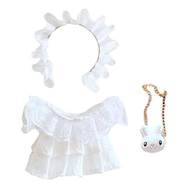 Imagem de niannyyhouse Vestido plissado de renda com faixa de cabeça de coelho, 20 cm, roupas de animais de pelúcia