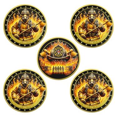 Imagem de 5 PCS Moeda Patriótica do Desafio de Bombeiro | Medalhão Memorial de Fogo e Machado | Obrigado pelo seu token de serviço | Presente de agradecimento para bombeiros e socorristas