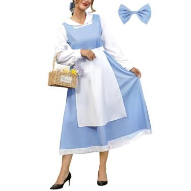 Imagem de ALIREVERIE Vestido feminino de Halloween com gola Peter Pan manga comprida azul e branco vestido de empregada camponesa, Azul, M