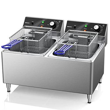 Imagem de TOPKITCH Fritadeira profunda comercial 12C x 2 fritadeiras elétricas de tanque duplo com cesta, fritadeira elétrica de bancada para restaurante com 2 cestas e tampas, aço inoxidável, 3300 L x 2, 240 V