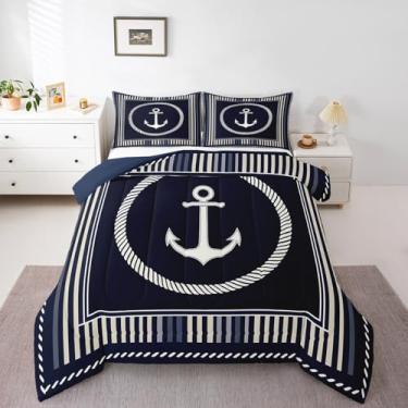 Imagem de Feelyou Conjunto de edredom com estampa de âncora, temática náutica, oceano, listras geométricas, azul marinho, litoral, mar, aventura