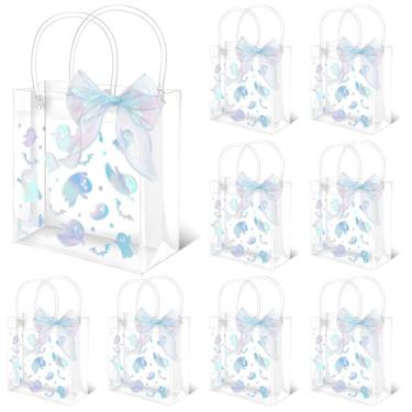 Imagem de Whaline 12 peças de sacos de presente de PVC transparente fantasma de Halloween holográfico fofo para festa de fantasma com alças sacola de presente com fita para chá de bebê de aniversário, feriado
