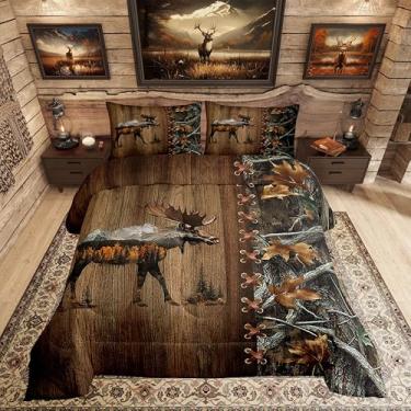 Imagem de Erosebridal Conjunto de edredom de alce, tamanho king, para crianças, meninos, meninas, caça na floresta, cabana rústica, animal selvagem, camuflado, decoração de quarto, estampa de árvore, chalé,