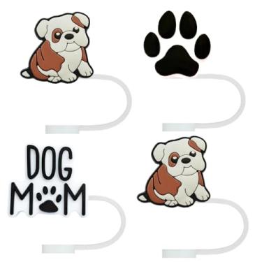 Imagem de STRACOUPI Tampa de palha de silicone buldogue marrom e branco para copos Stanley, acessório decorativo reutilizável, pacote com 4