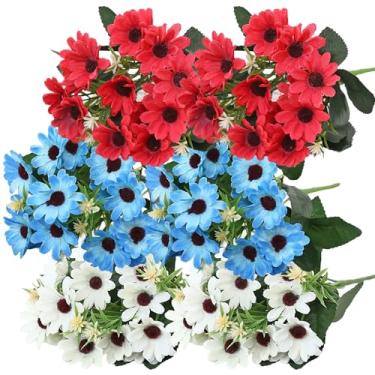 Imagem de Margaridas flores artificiais, margaridas artificiais, 6 pacotes de margaridas 30,5 cm realista resistente a UV flores silvestres de seda sintética, vermelho + azul + branco