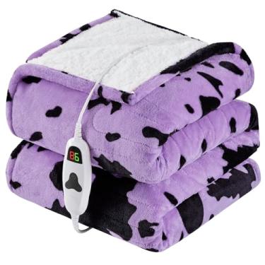 Imagem de Cobertor elétrico aquecido com estampa de vaca, tamanho solteiro, 152 x 203 cm, cobertor de aquecimento roxo com 10 níveis de aquecimento e 8 horas de desligamento automático, cobertores de lã de