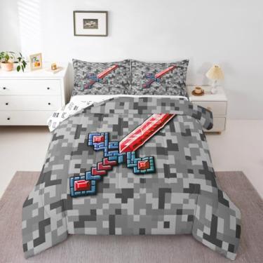 Imagem de Castle Fairy Conjunto de edredom Queen com espada vermelha e azul, quadriculado geométrico, cinza, 3 peças, para decoração de quarto de crianças, adolescentes e adultos, temática de mineiro, conjunto