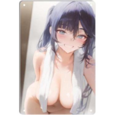 Imagem de DKLOWK Pôster de metal fofo anime menina sexy biquíni mangá placa de decoração de parede para casa bar clube quarto banheiro homem caverna otaku 20 x 30 cm