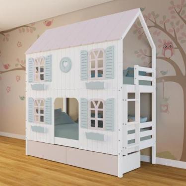 Imagem de Beliche Casinha Bela com Coração 2 Gavetas Rosa 4 Janelas Venezianas -