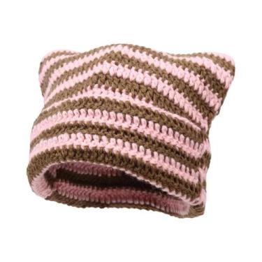 Imagem de Gorro Feminino De Inverno Listrado Com Orelhas De Gato, Estilo Coreano
