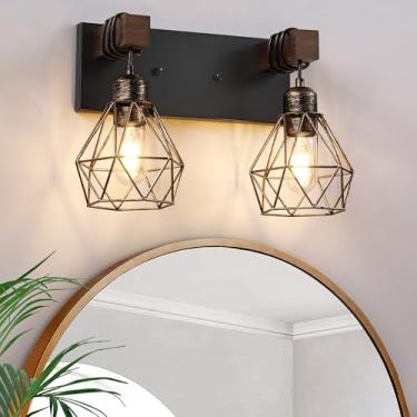 Imagem de Luminária de banheiro para banheiro, 2 luminárias de banheiro de madeira preta clara sobre espelho, iluminação de parede de arandelas rústicas com abajur de metal para sala de estar, quarto, corredor