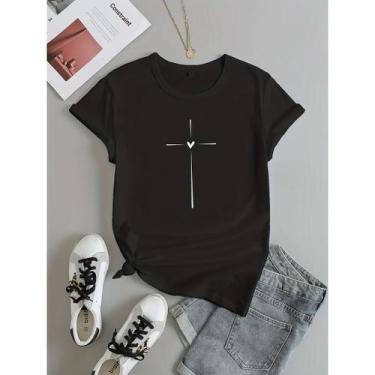 Imagem de Camiseta Feminina Cruz Coração Evangelica Gospel 100% Algodão Premium 