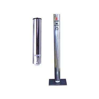 Imagem de Kit Suporte Porta Copo Descartável Café 50ml  + Lixeira Inox - Aldinox
