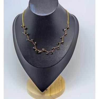 Imagem de Colar Choker zig zag Feminina com Pedras Zircônias cascalhos cristais Preta Dourado Folheado Ouro Casamento Festa