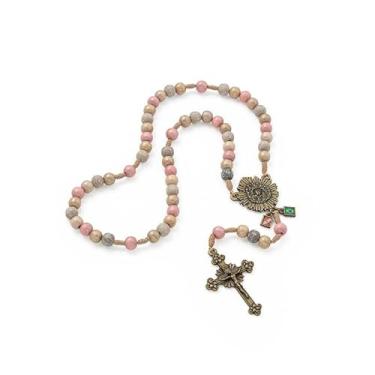 Imagem de Terço Nossa Senhora de Nazaré 38cm Madeira Contas de 8mm (Dourado/Rosa)