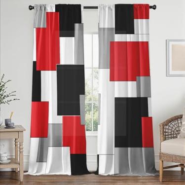 Imagem de Cortinas geométricas pretas e vermelhas, comprimento moderno, 132 cm L x 213 cm C, branco, cinza, abstrato, varão com bolso para varão, cortinas para quarto, cozinha, sala de estar, janela, 2 painéis