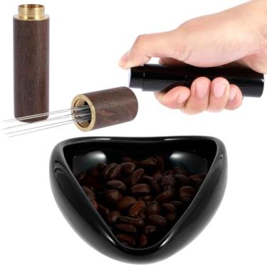Imagem de Conjunto de copo dosador de grãos de café e spray, recipiente dosador de cerâmica expresso com 6 agulhas, ferramenta de distribuição de café expresso, bandeja de dosagem de café de dose única, kit de
