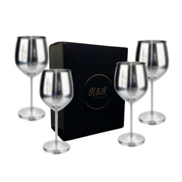 Imagem de K&K Home Taças de vinho pretas inquebráveis de aço inoxidável prata - 510 g - Conjunto de 4 taças de vinho coloridas de metal com haste perfeita para atividades ao ar livre, casamentos e festas