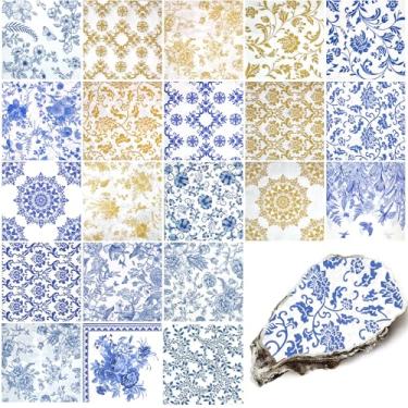 Imagem de LSYAHCYY Pacote com 21 guardanapos florais sortidos, decorativos, guardanapos de decoupage, papel decorativo de coquetel para festa de aniversário, lindo, 21 estilos de papel decorativo (floral azul e