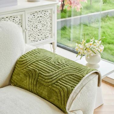 Imagem de Huierxun Capa protetora de veludo para sofá de pelúcia para sofá secional para descanso de braço, capa de sofá com textura geométrica, lavável, antiderrapante, para cães (verde, 71 x 71 cm)