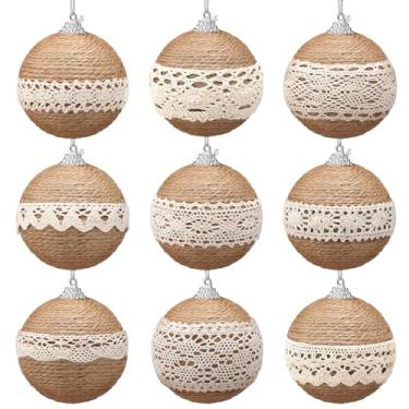 Imagem de Arrowbash 9 peças de enfeites de bola de Natal boho para casa de fazenda de 8 cm, corda de juta de renda, bolas de Natal, decoração rústica para pendurar em árvore de natal neutra ou guirlanda de