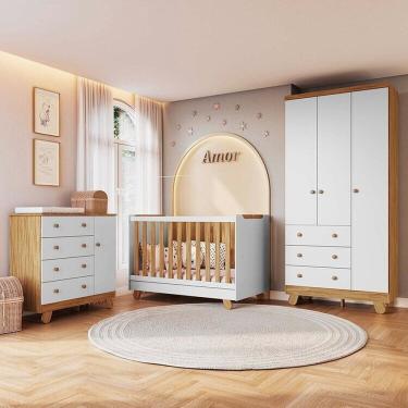 Imagem de Quarto de Bebê Completo Guarda Roupa 3 Portas, Cômoda e Berço Minicama Levy 100% MDF Espresso Móveis Amêndoa/Branco
