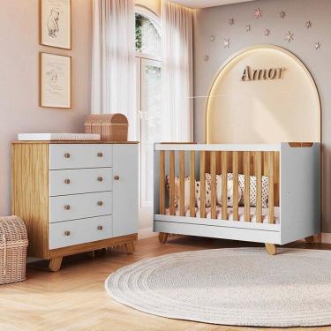 Imagem de Quarto de Bebê com Cômoda 4 Gavetas e Berço Minicama Levy 100% MDF Espresso Móveis Amêndoa/Branco