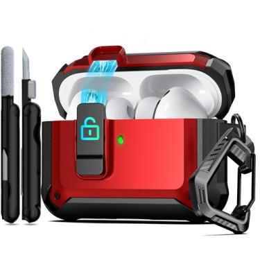 Imagem de RFUNGUANGO Capa protetora para AirPods Pro 3ª geração, com clipe de trava de segurança e capa pop-up automática, capa protetora rígida à prova de choque para AirPods Pro 3 (2025) - vermelha