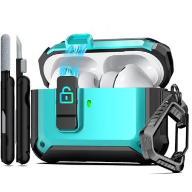 Imagem de RFUNGUANGO Capa protetora para AirPods Pro 3ª geração, com clipe de trava de segurança e capa pop-up automática, capa rígida à prova de choque para AirPods Pro 3 (2025) - azul-petróleo