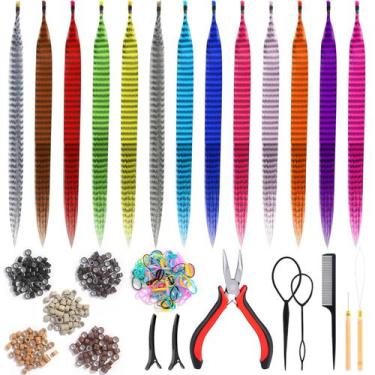 Imagem de Kit de extensões de penas de cabelo Evatage 65 unidades com ferramenta