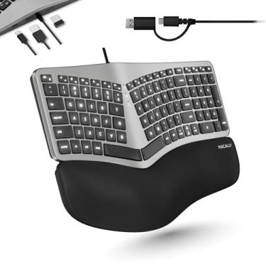 Imagem de Macally Teclado ergonômico com fio para Mac - hub USB, teclas retroiluminadas, plugue USB C + A duplo, design dividido, almofada de pulso acolchoada - teclado Apple compatível com MacBook Pro/Air