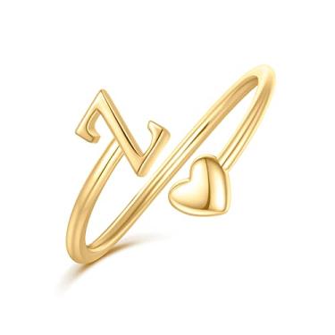 Imagem de Ailetop Anéis de coração com inicial para mulheres e meninas – Anéis ajustáveis banhados a ouro amarelo/branco/rosa 14K para mulheres, não mancha, presentes de aniversário, Adjustable, Ouro 14K, latão