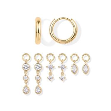 Imagem de PAVOI Brincos femininos banhados a ouro 14K - Misture e combine brincos de argola com berloques - Conjunto de motivos delicados com zircônia cúbica, coração, cruz, pérola e joias com olho turco