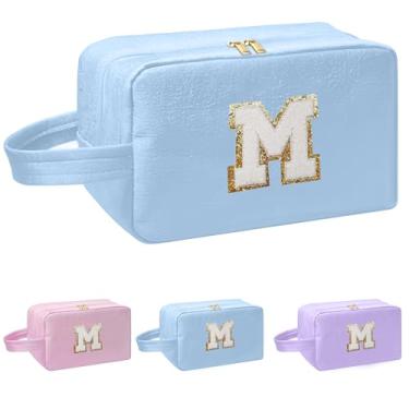 Imagem de I IHAYNER Bolsa de maquiagem inicial para mulheres, presentes de aniversário para meninas de 4, 5, 6, 7, 8, 9, 10, 11, 13, 14 anos, bolsa de cosméticos, bolsa de higiene pessoal, Azul, M